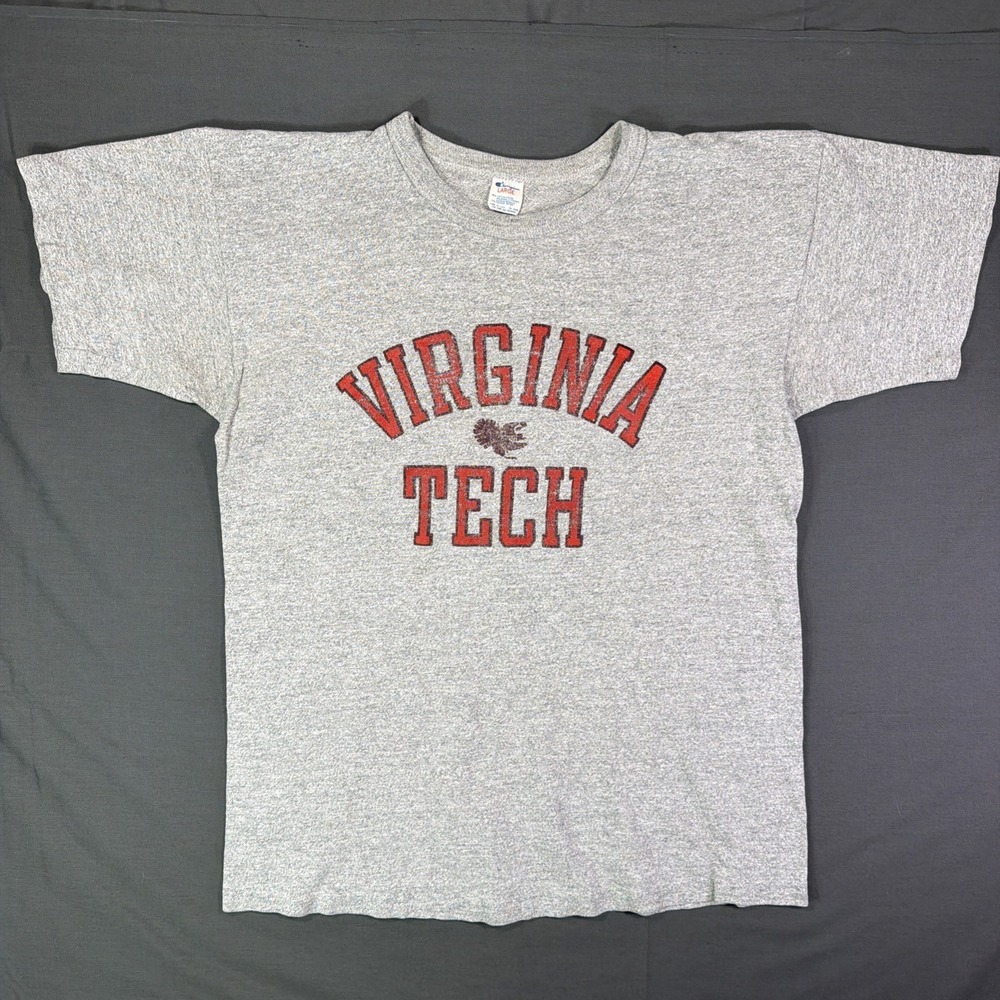 Vintage 80s Champion Virginia Tech Gray Tee Spellout Size Large Excellent
